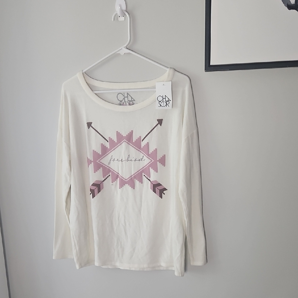 Cream Long Sleeve Top with Pink Geometric Design